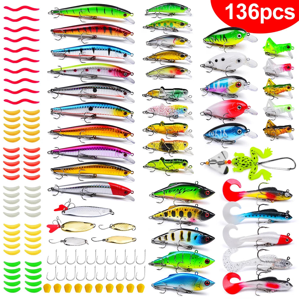 Fishing Tackle Set For Bass, Trout, Salmon, Soft Plastic Worm Bait, Wobbler Bait