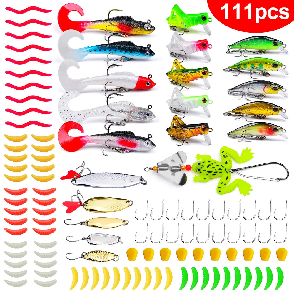 Fishing Tackle Set For Bass, Trout, Salmon, Soft Plastic Worm Bait, Wobbler Bait
