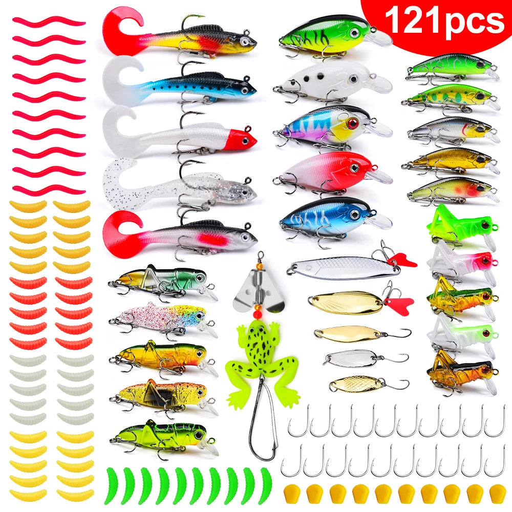 Fishing Tackle Set For Bass, Trout, Salmon, Soft Plastic Worm Bait, Wobbler Bait