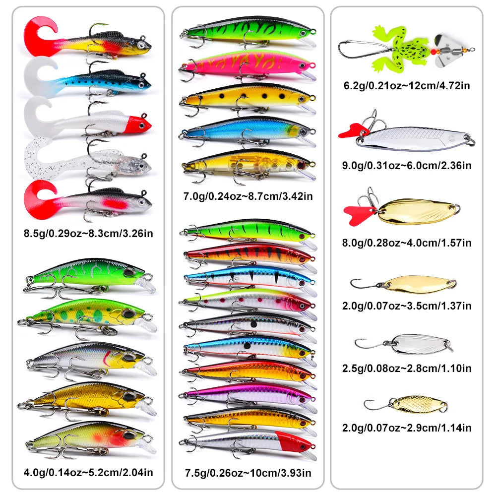 Fishing Tackle Set For Bass, Trout, Salmon, Soft Plastic Worm Bait, Wobbler Bait
