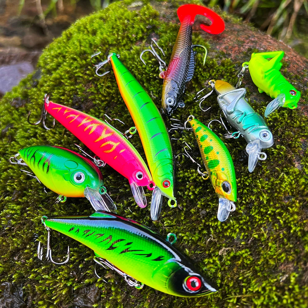 Fishing Tackle Set For Bass, Trout, Salmon, Soft Plastic Worm Bait, Wobbler Bait