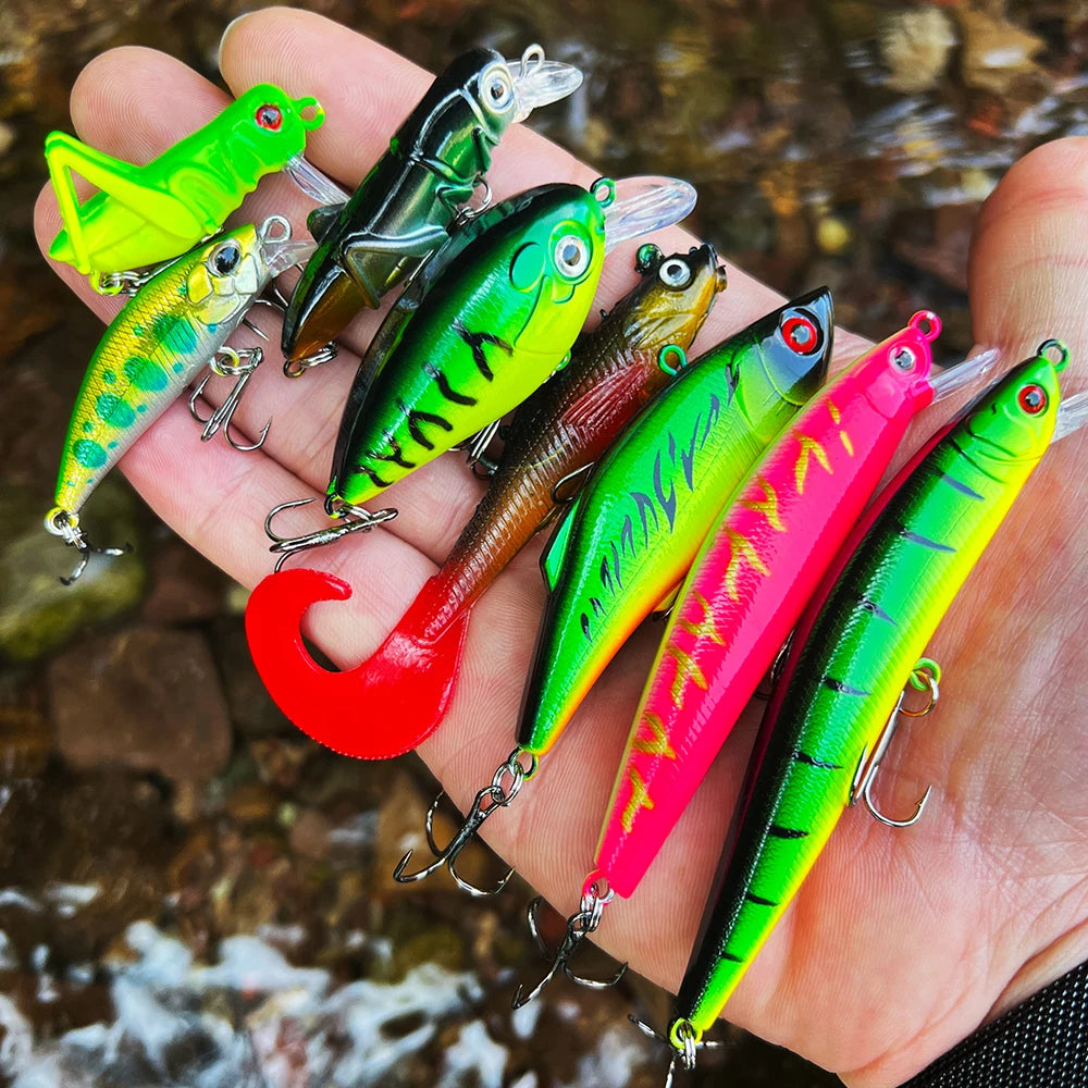 Fishing Tackle Set For Bass, Trout, Salmon, Soft Plastic Worm Bait, Wobbler Bait