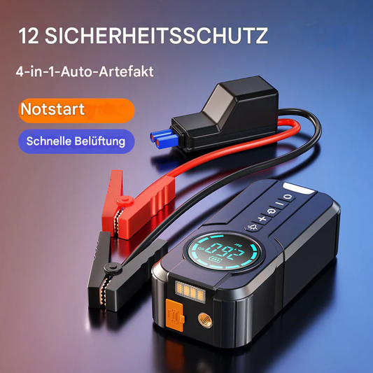 12-V-Auto-Starthilfe-Powerbank mit kabellosem Ladegerät und Luftpumpe – Multifunktionaler Notfall-Batterie-Booster