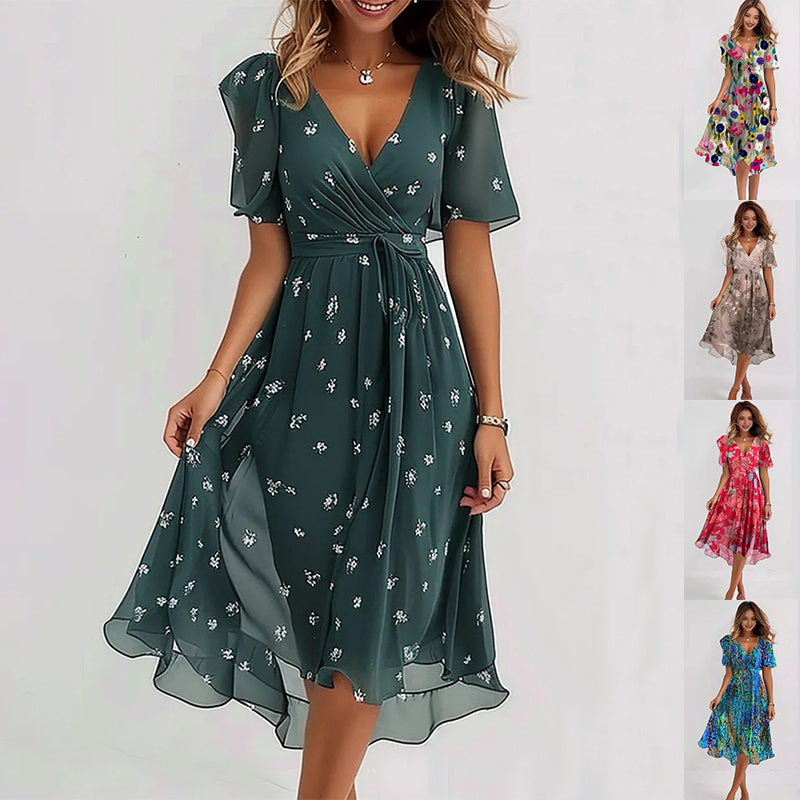 Chiffon Print Short Sleeve Dress