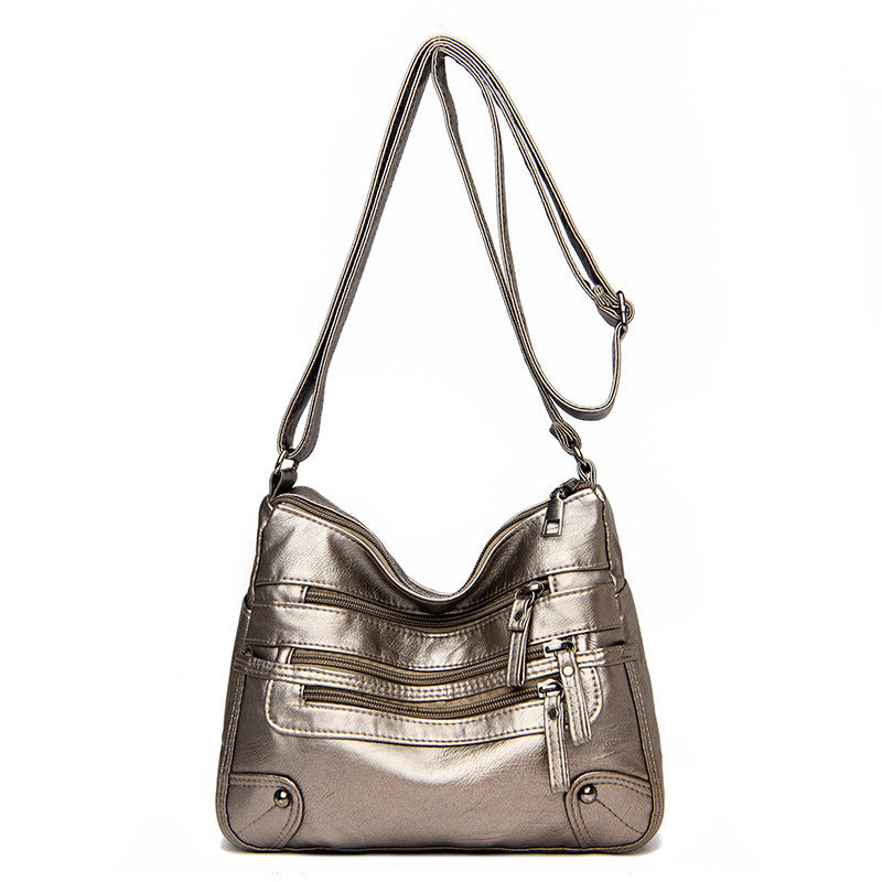 Soft leather stylish double layer messenger bag with large capacity