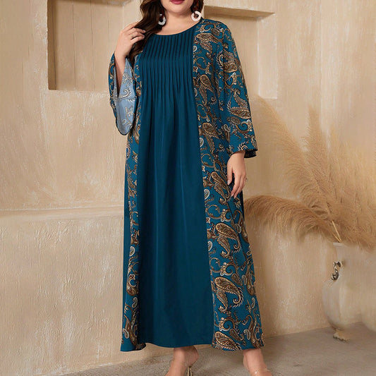 Women's Plus Size Bohemian Floral Printed Maxi Dress, Pleated Front Long Sleeve Crew Neck Loose Fit