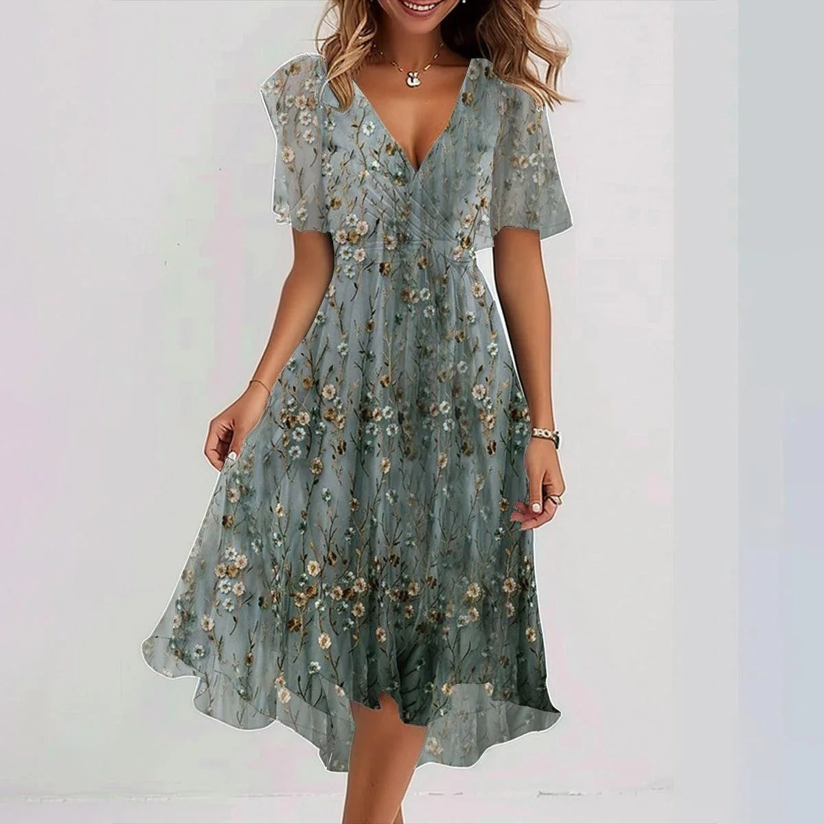 Chiffon Print Short Sleeve Dress