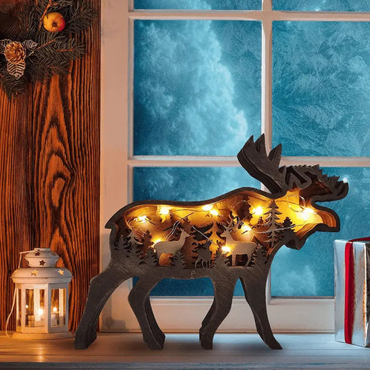 3D Animals Wooden Crafts with Light Deer Moose Home Decor for Wall and Tabletop mysite