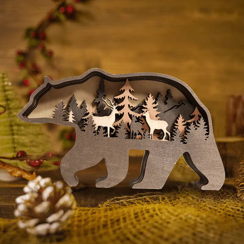 Multi Layer 3D Bear Wooden Carfts Wall Statue Freestanding Art Decor with Lights mysite
