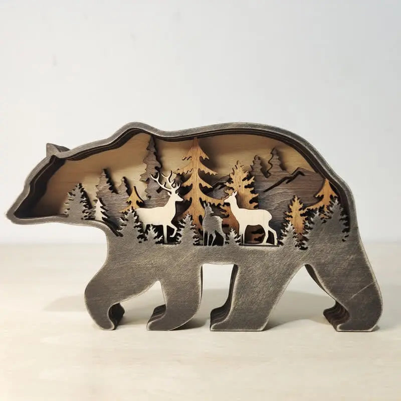 Multi Layer 3D Bear Wooden Carfts Wall Statue Freestanding Art Decor with Lights mysite