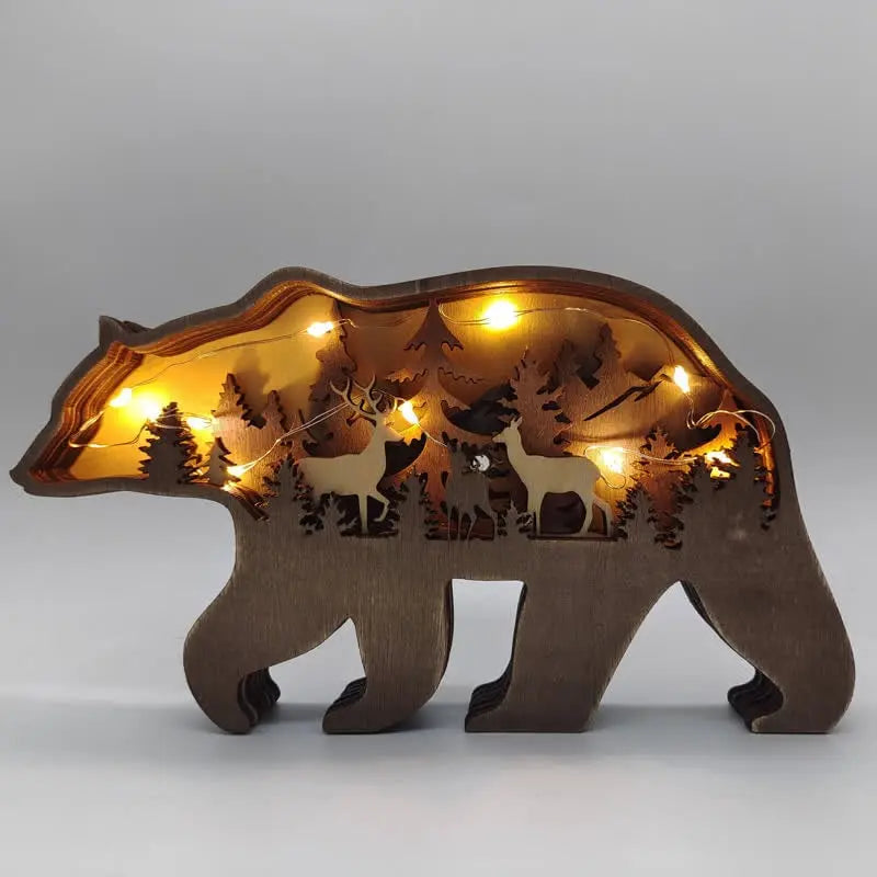 Multi Layer 3D Bear Wooden Carfts Wall Statue Freestanding Art Decor with Lights mysite