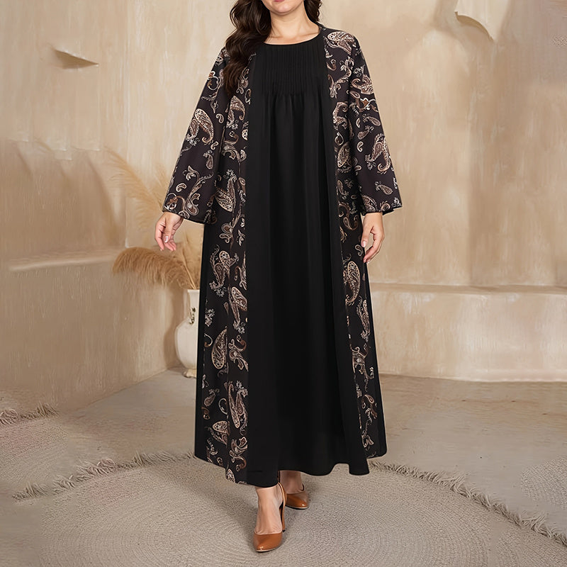 Women's Plus Size Bohemian Floral Printed Maxi Dress, Pleated Front Long Sleeve Crew Neck Loose Fit