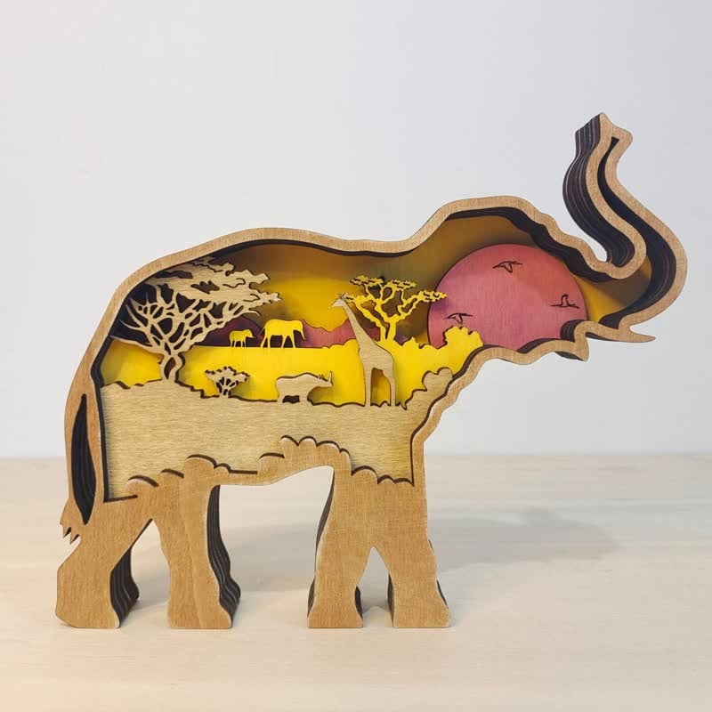 3D Wooden Animals Elephant Carved Statue Parent-Child Office Home Crafts mysite