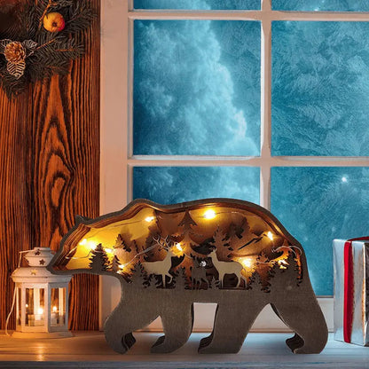Multi Layer 3D Bear Wooden Carfts Wall Statue Freestanding Art Decor with Lights mysite