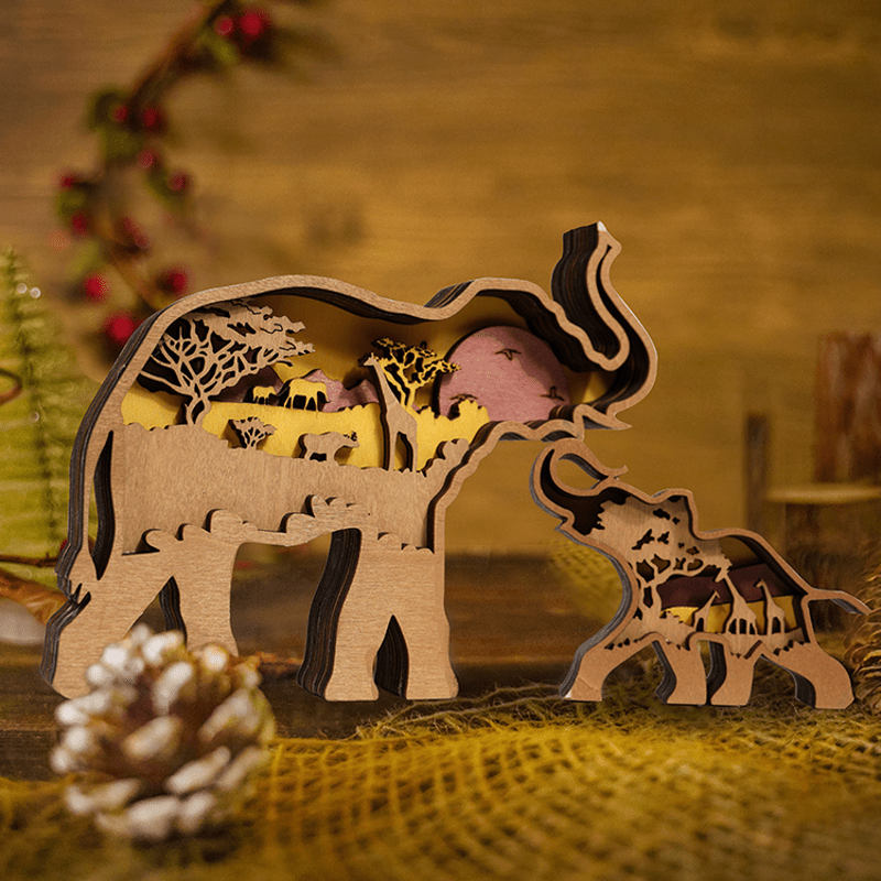3D Wooden Animals Elephant Carved Statue Parent-Child Office Home Crafts mysite