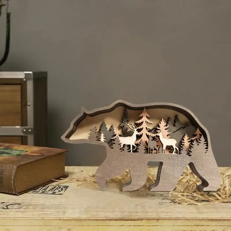 Multi Layer 3D Bear Wooden Carfts Wall Statue Freestanding Art Decor with Lights mysite