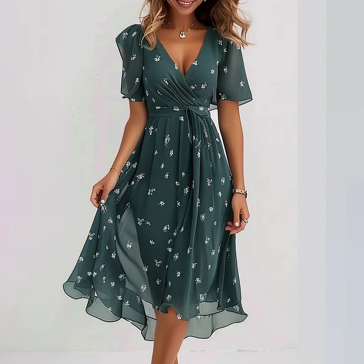 Chiffon Print Short Sleeve Dress
