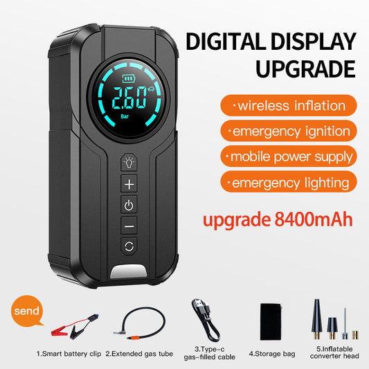 12-V-Auto-Starthilfe-Powerbank mit kabellosem Ladegerät und Luftpumpe – Multifunktionaler Notfall-Batterie-Booster