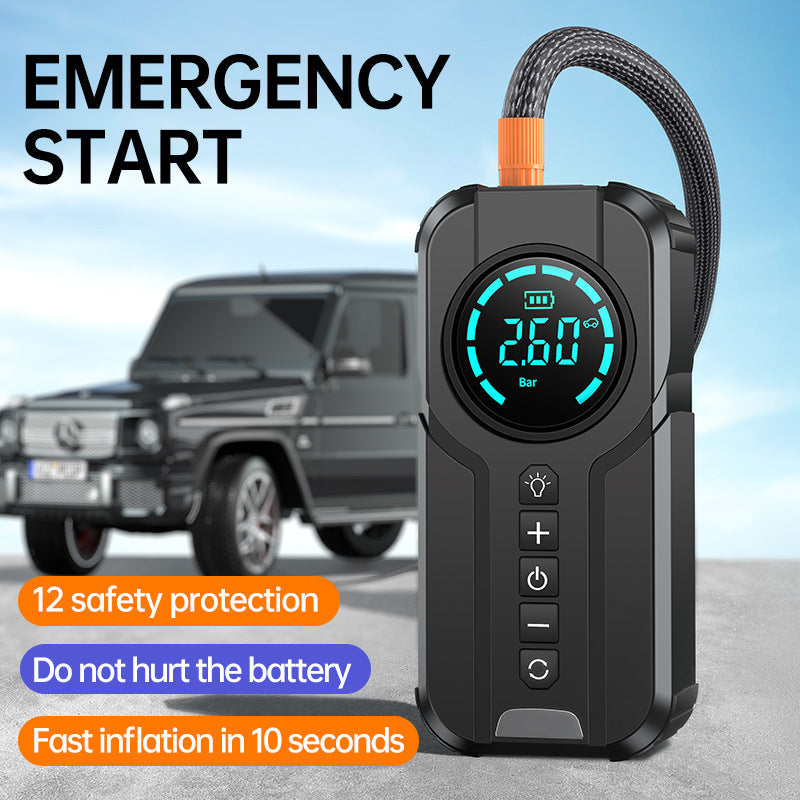 12-V-Auto-Starthilfe-Powerbank mit kabellosem Ladegerät und Luftpumpe – Multifunktionaler Notfall-Batterie-Booster