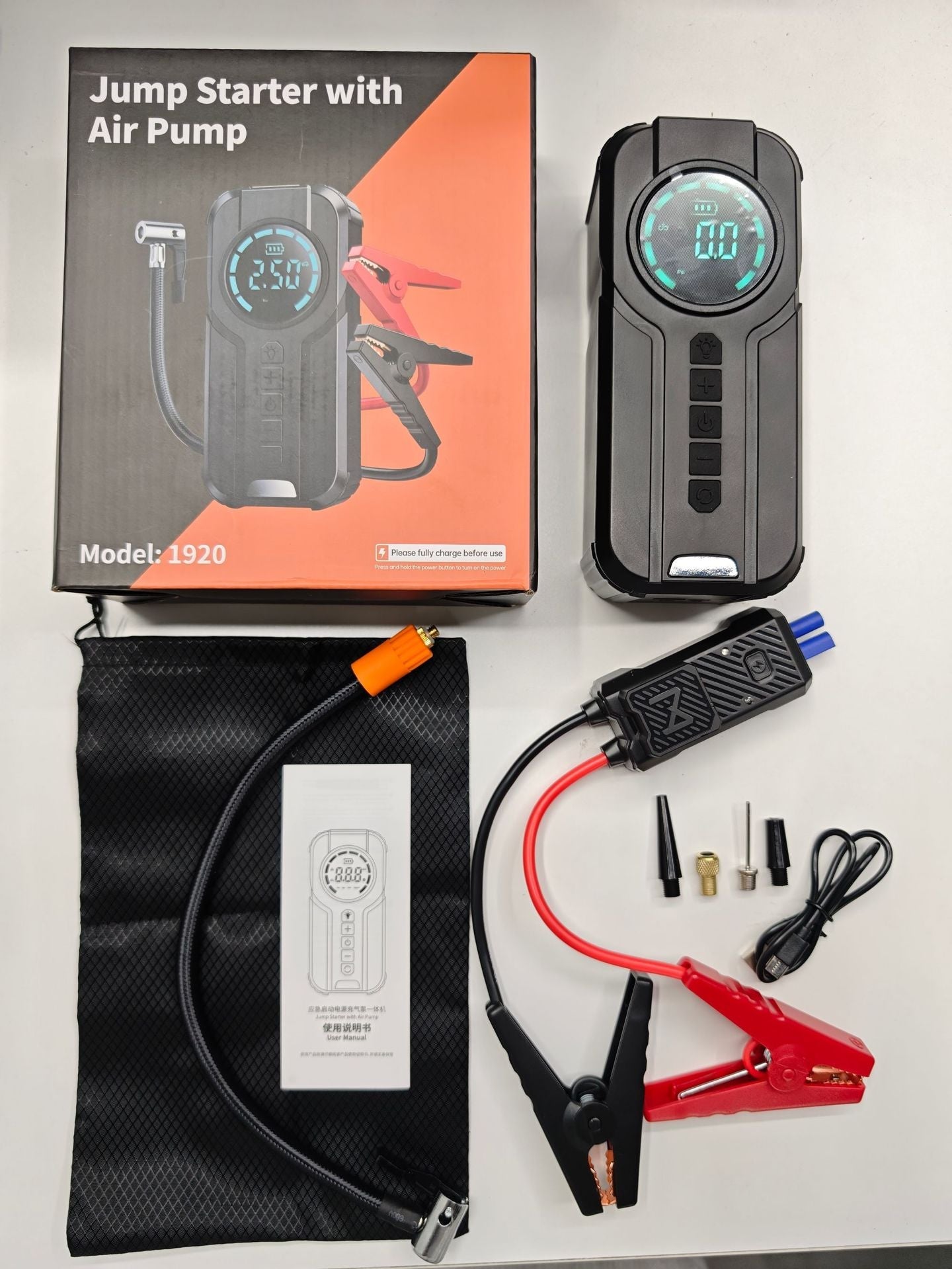 12-V-Auto-Starthilfe-Powerbank mit kabellosem Ladegerät und Luftpumpe – Multifunktionaler Notfall-Batterie-Booster