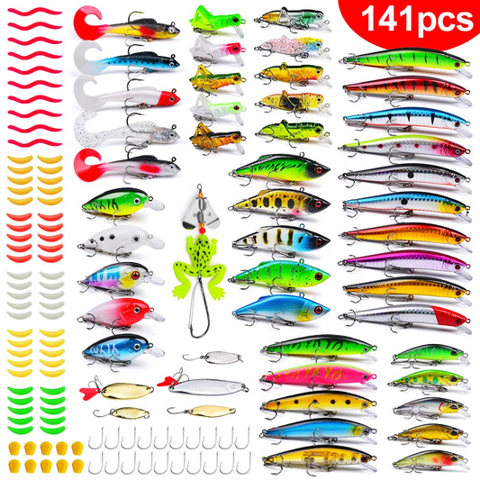 Fishing Hooks Tackle Kit For Bass Trout Salmon, Including Minnow Popper Spoon Lures Soft Plastic Worms Bait，Crankbait