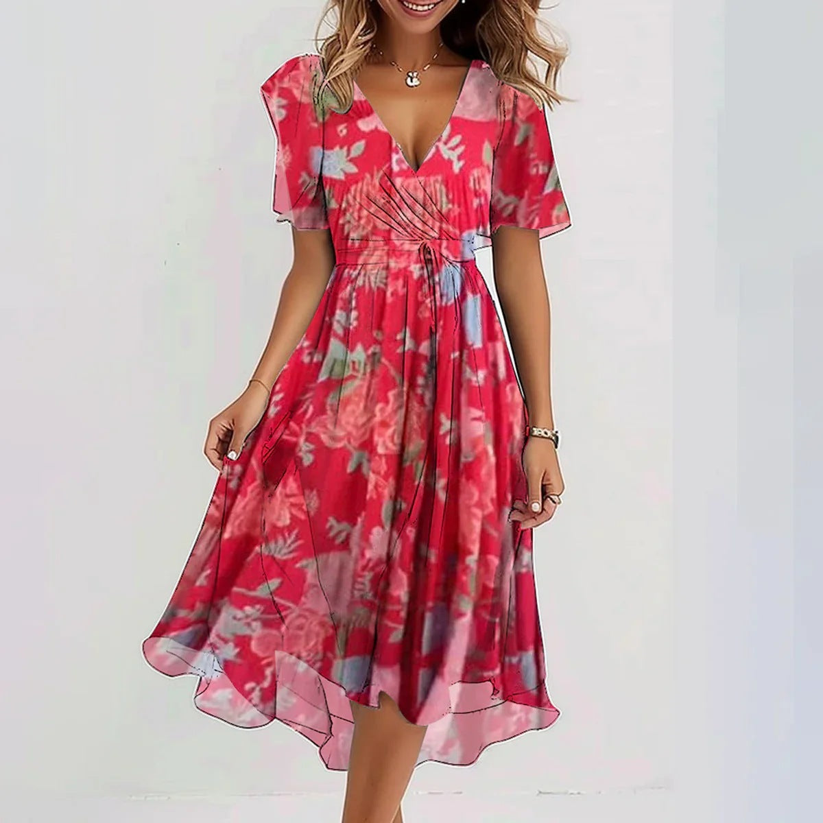 Chiffon Print Short Sleeve Dress