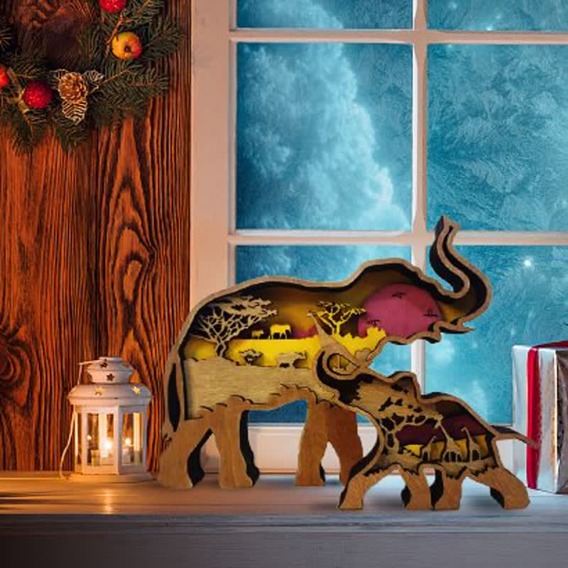 3D Wooden Animals Elephant Carved Statue Parent-Child Office Home Crafts mysite