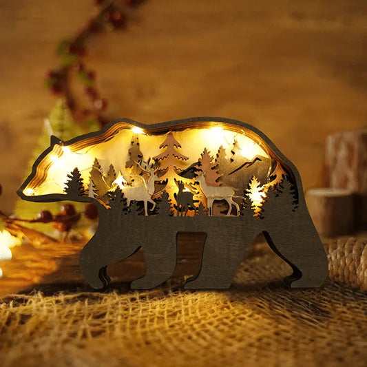 Multi Layer 3D Bear Wooden Carfts Wall Statue Freestanding Art Decor with Lights mysite