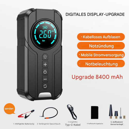 12-V-Auto-Starthilfe-Powerbank mit kabellosem Ladegerät und Luftpumpe – Multifunktionaler Notfall-Batterie-Booster